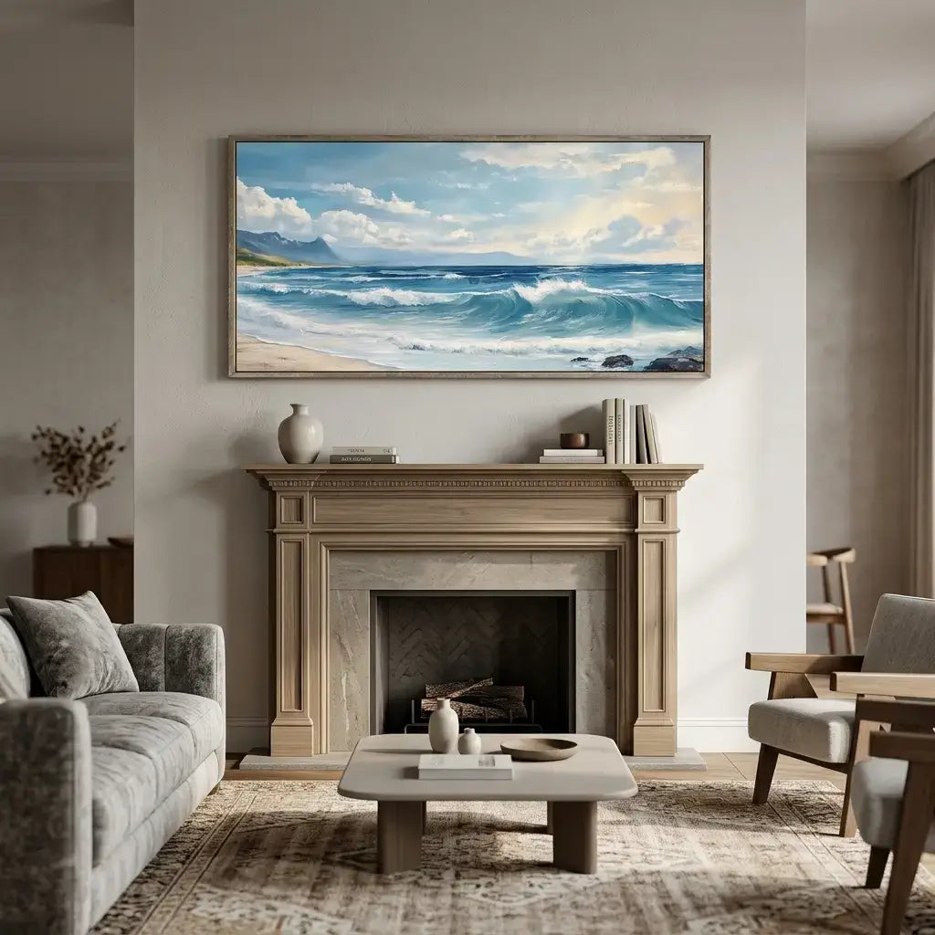 Living room with a fireplace, sofa, and a large painting of a beach scene on the wall.