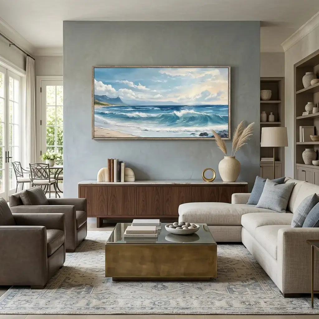 Modern living room with a large TV displaying a beach scene, beige sofa, and wooden coffee table.