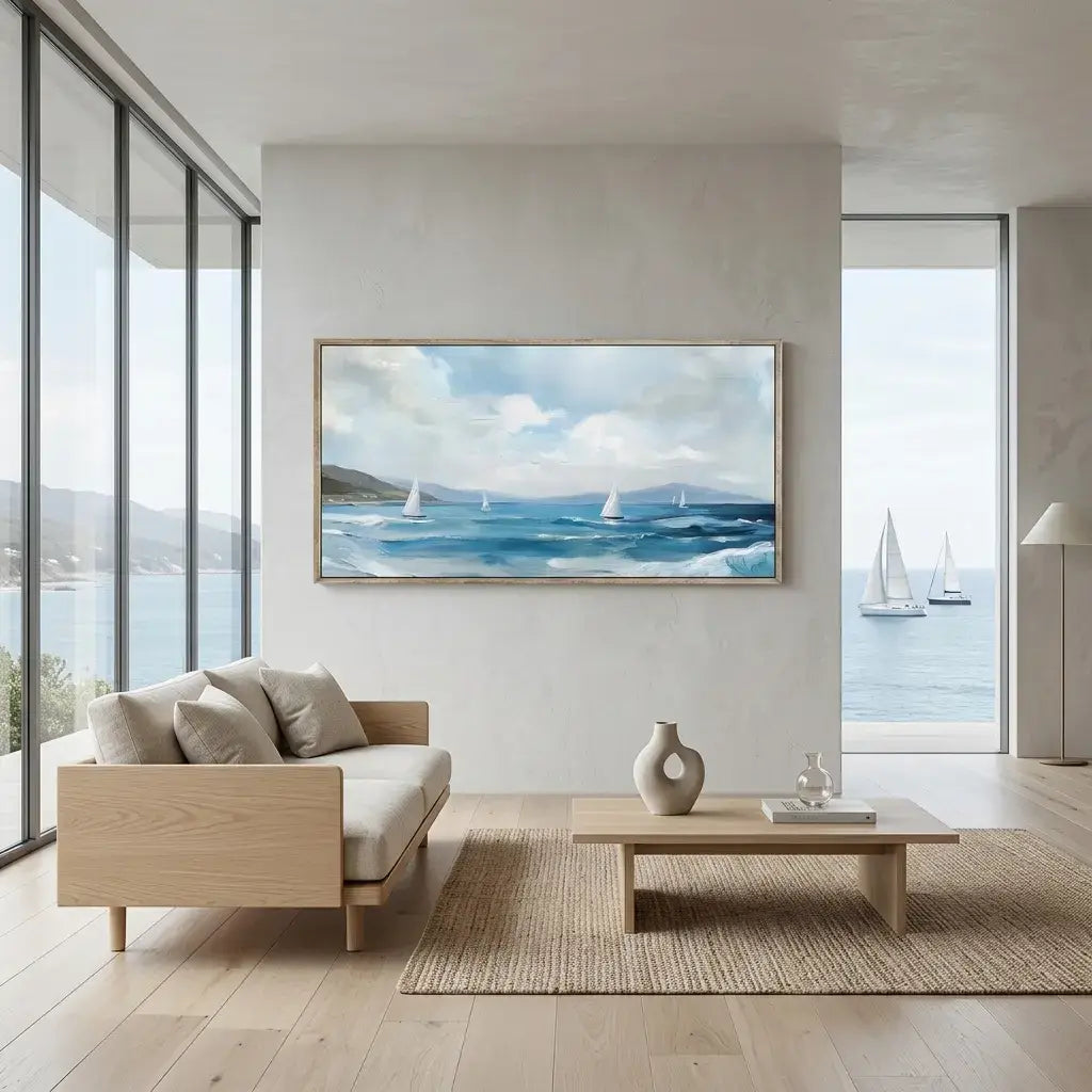 Modern living room with a seascape painting on the wall, sofa, and coffee table.