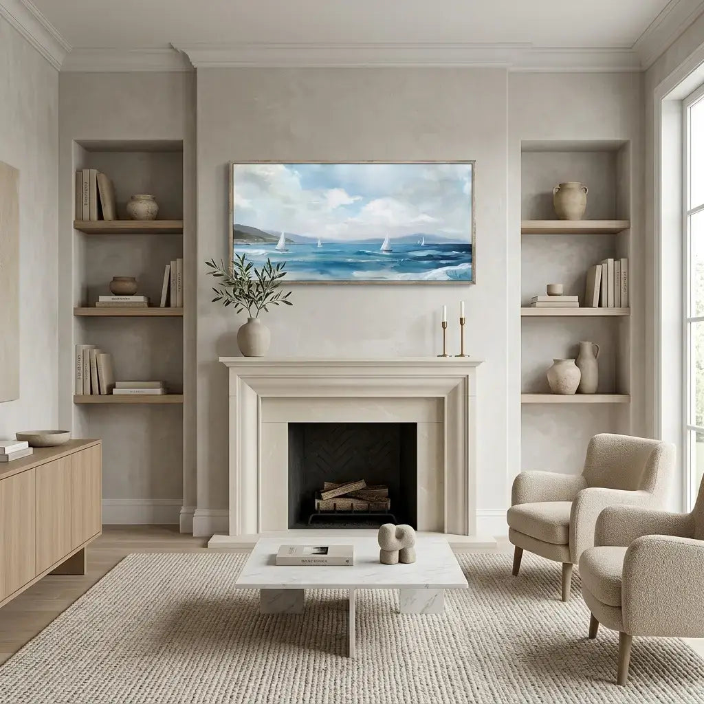 Modern living room with fireplace, shelves, and a painting of a seascape.