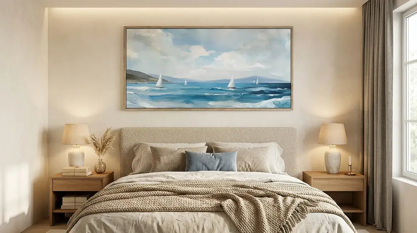 Bedroom with a large painting of a seascape above the bed