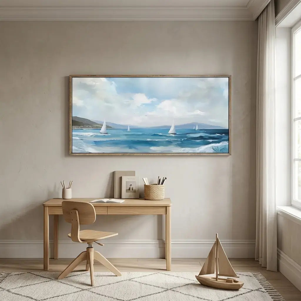 Framed artwork of sailboats on a wall above a desk with a chair and decorative items.