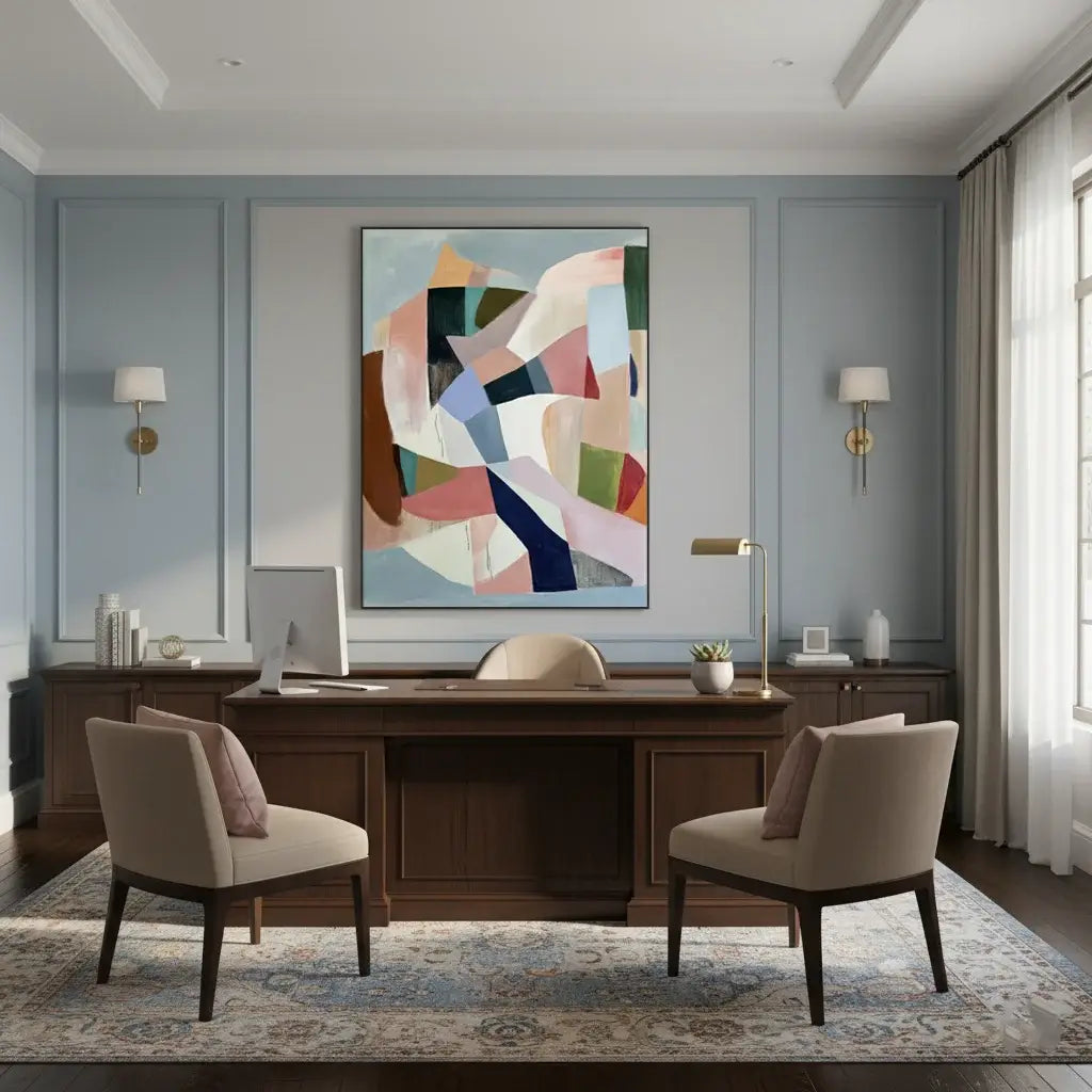 Modern office interior with a desk, chairs, and abstract art on the wall.