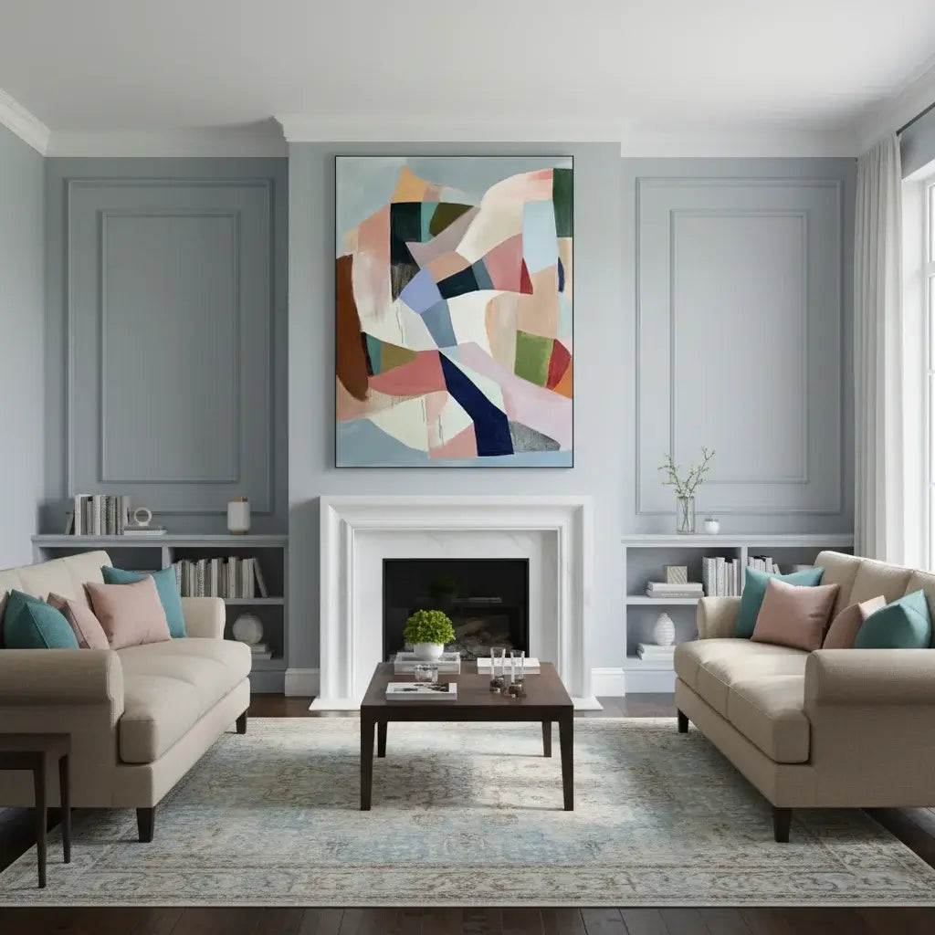 Modern living room with beige sofas, a coffee table, and abstract art on the wall.