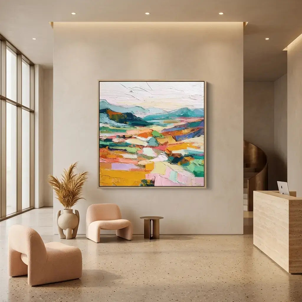 Modern interior with abstract painting on a wall, chairs, and a reception desk.