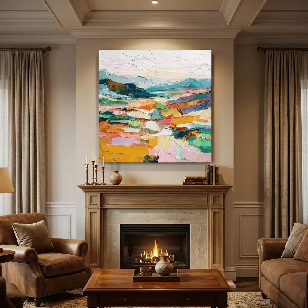 Living room with a fireplace, brown armchair, and colorful abstract painting on the wall.