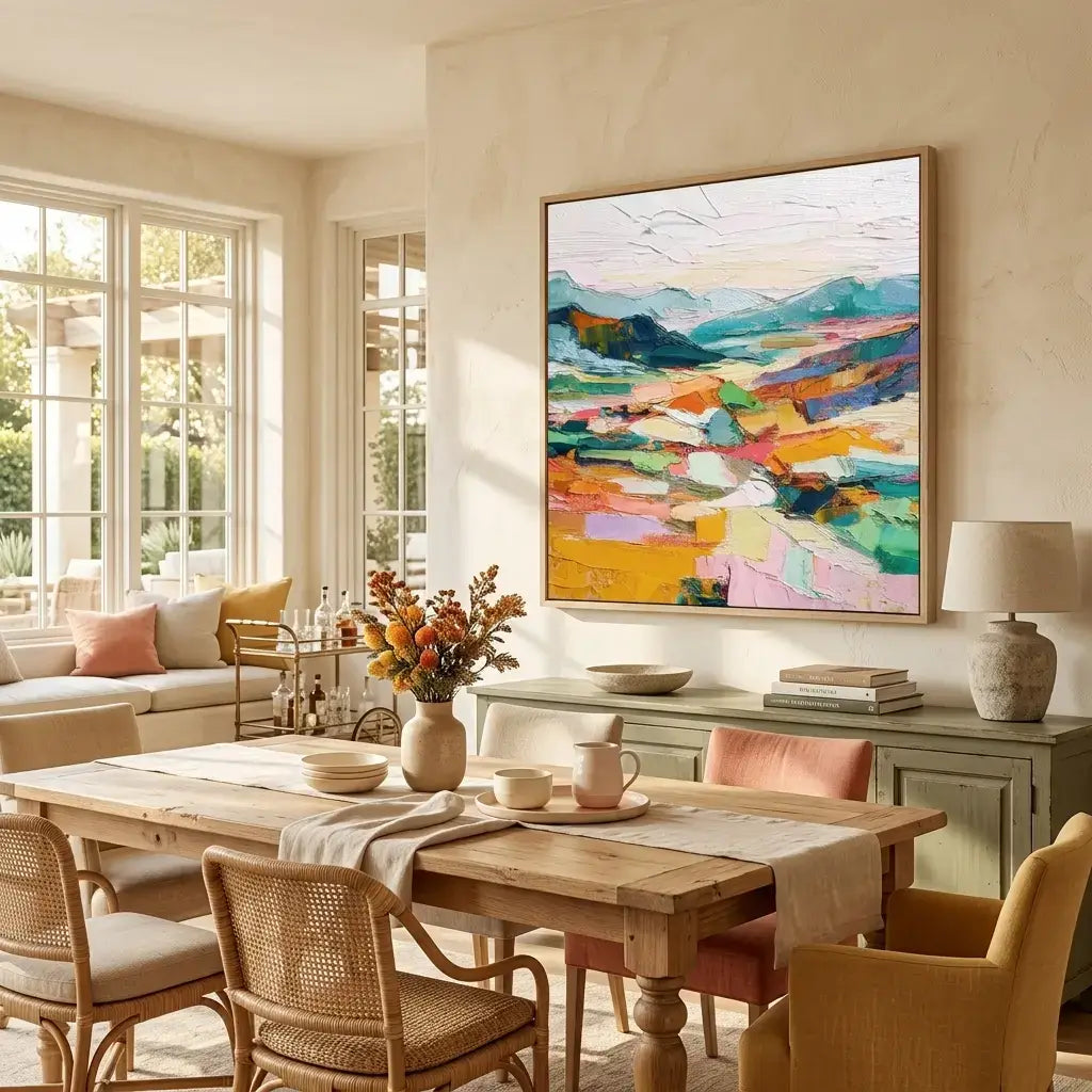 Dining room with a wooden table, chairs, and a colorful abstract painting on the wall.
