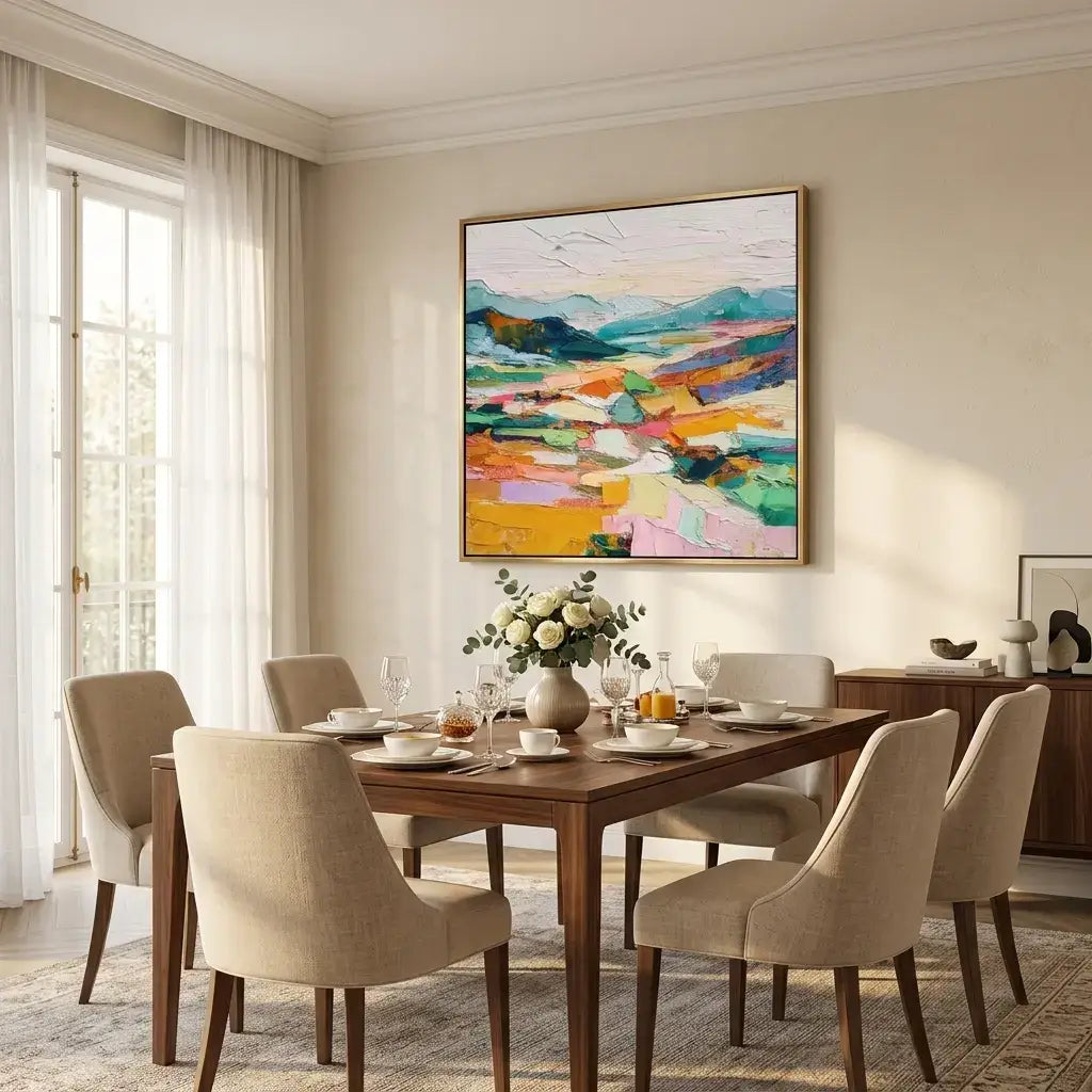 Dining room with a wooden table set for a meal, beige chairs, and a colorful abstract painting on the wall.