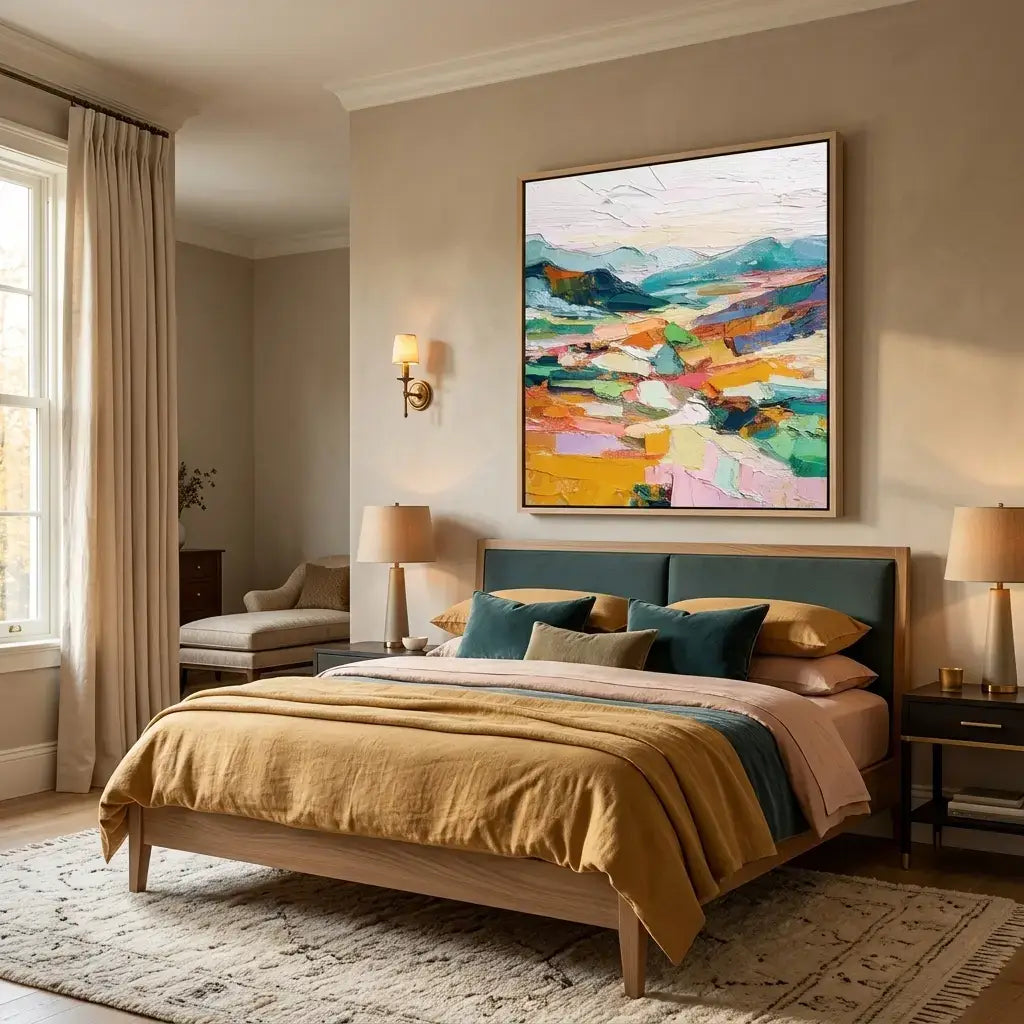 Modern bedroom with a colorful abstract painting on the wall, bed with yellow bedding, and side tables.