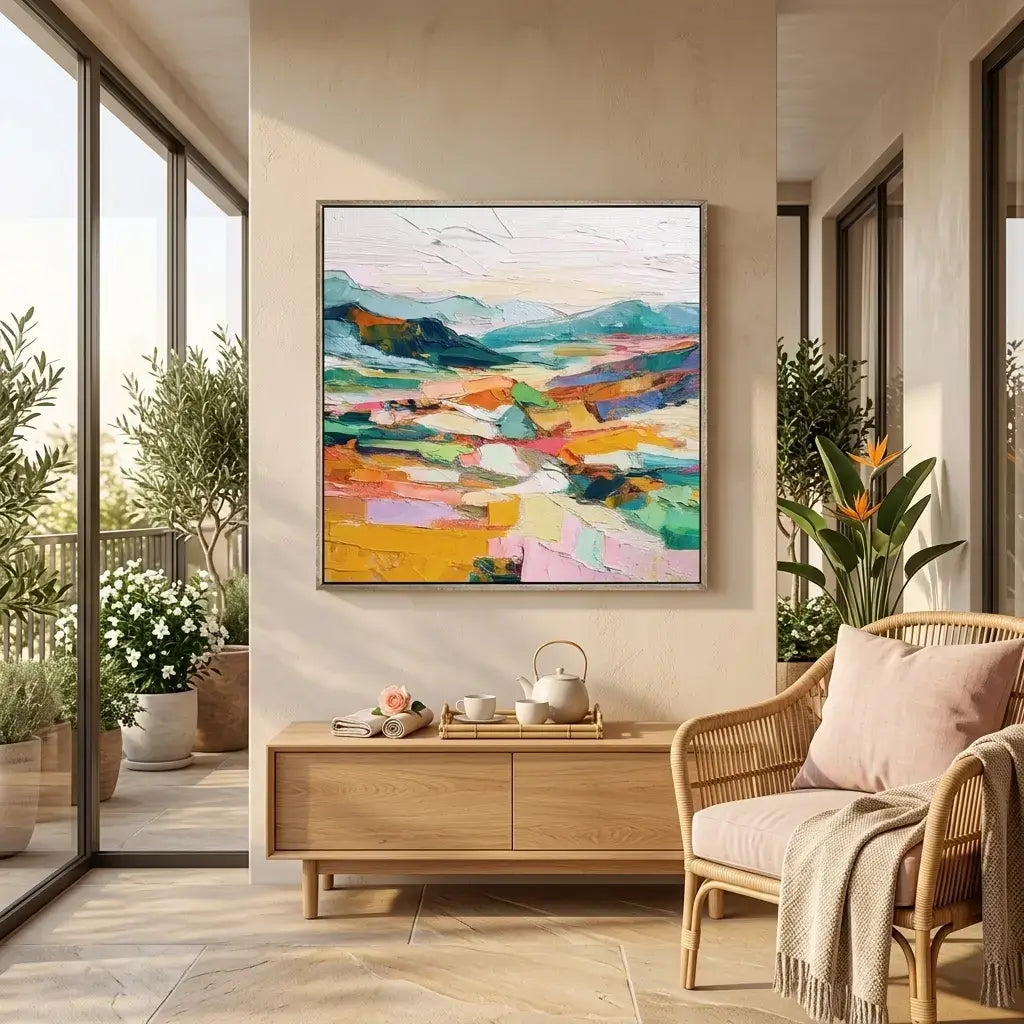 Modern living room with a colorful abstract painting, wooden coffee table, and wicker chair.