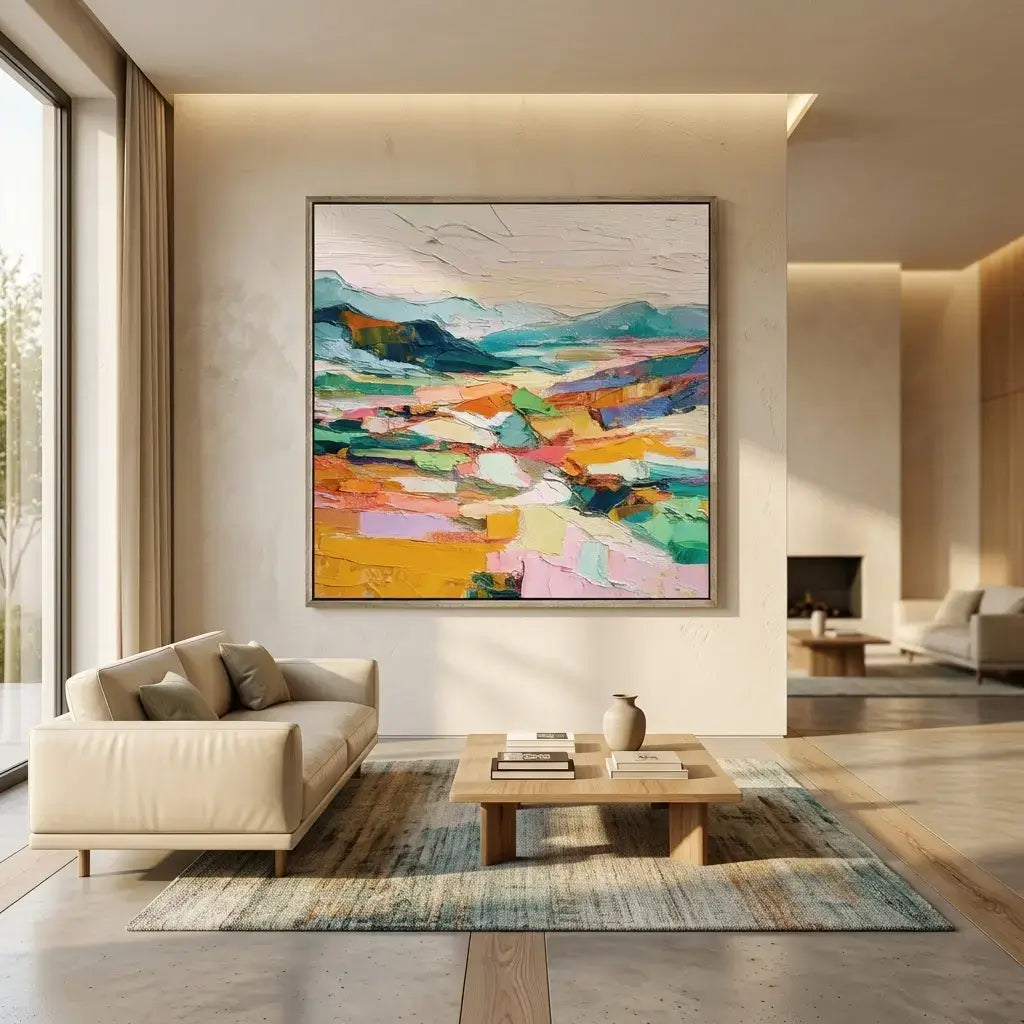 Modern living room with a colorful abstract painting on the wall