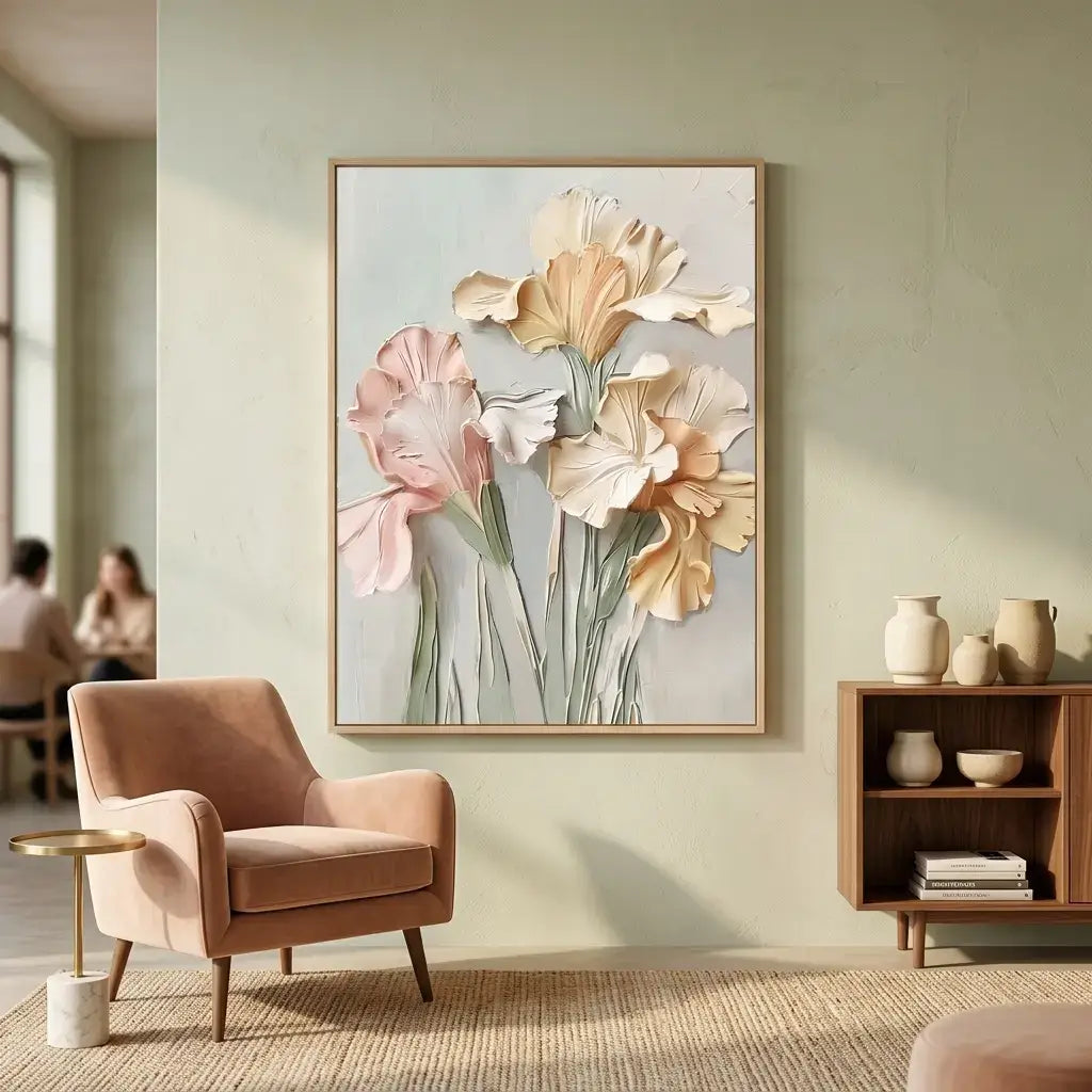 Floral artwork on a wall in a living room with a chair and shelves.