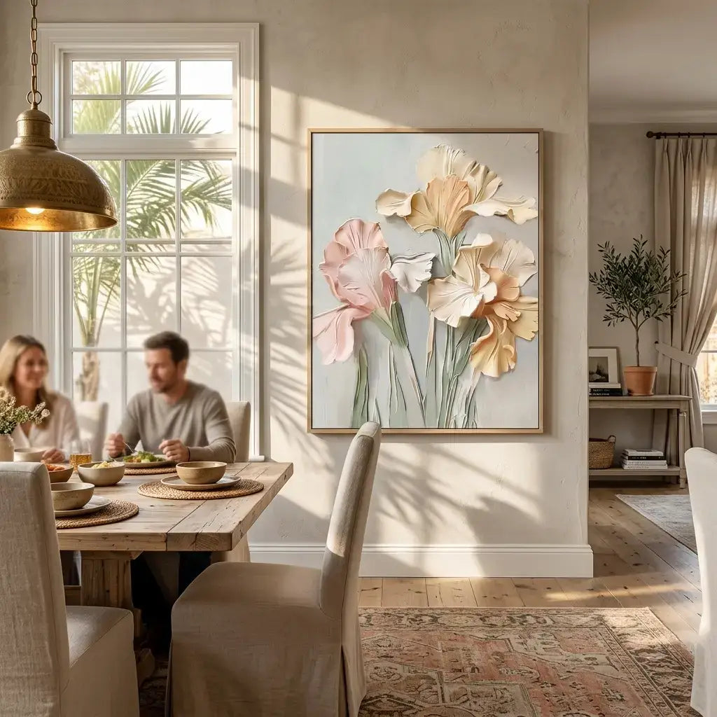 Dining room with a couple at a table, floral painting on the wall, and natural light coming through a window.