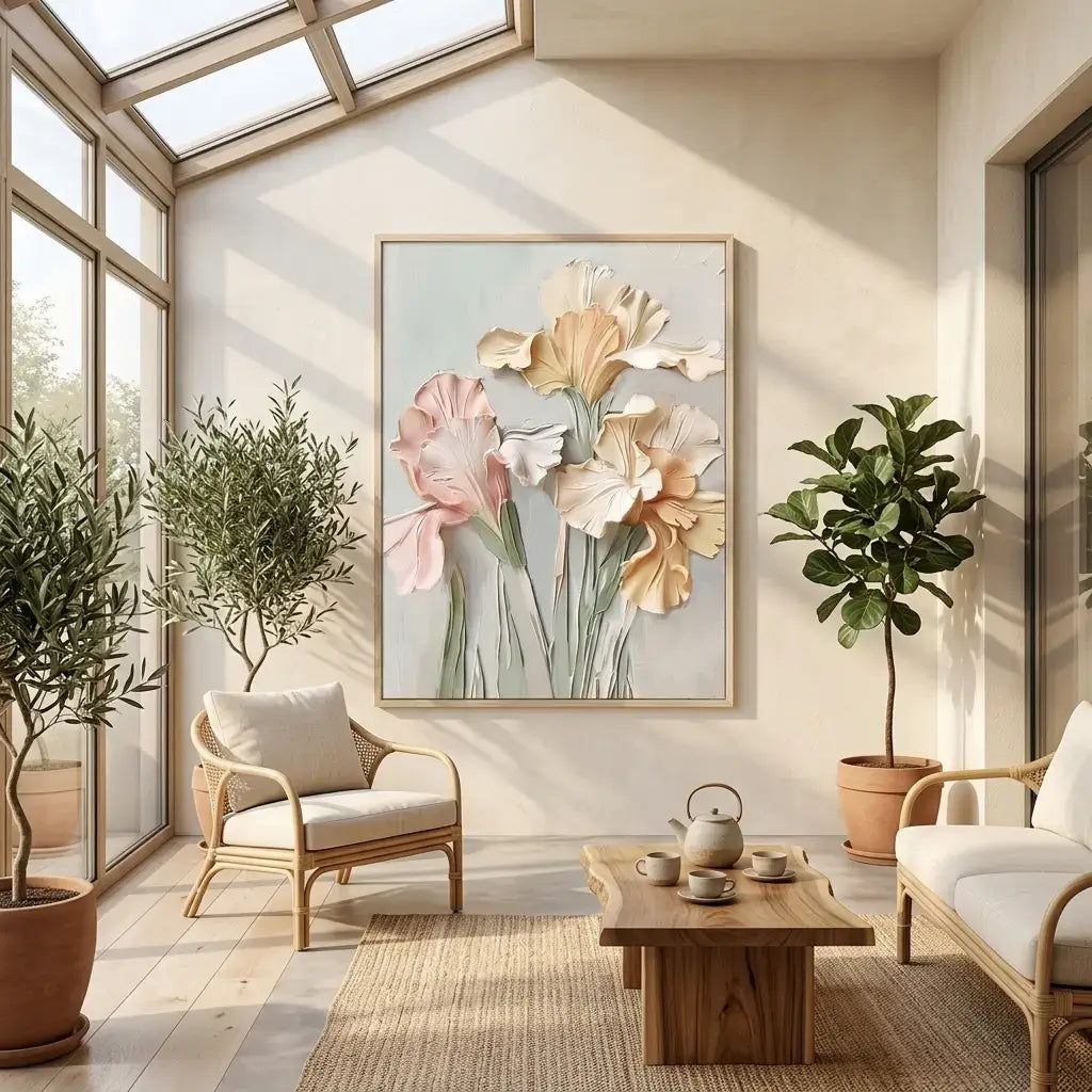 Living room with a floral painting on the wall, wooden coffee table, and potted plants.