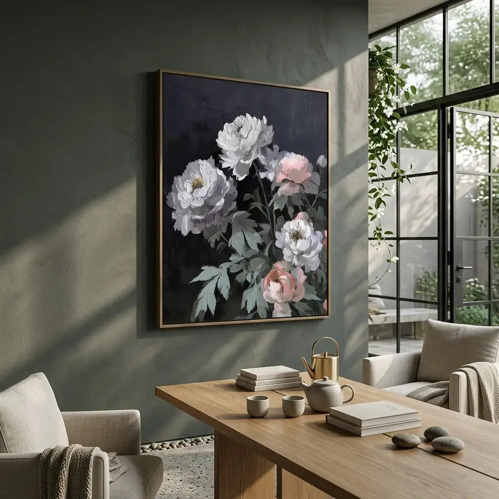 Living room with floral artwork on the wall, a wooden table with books and a teapot, and a view of greenery outside.