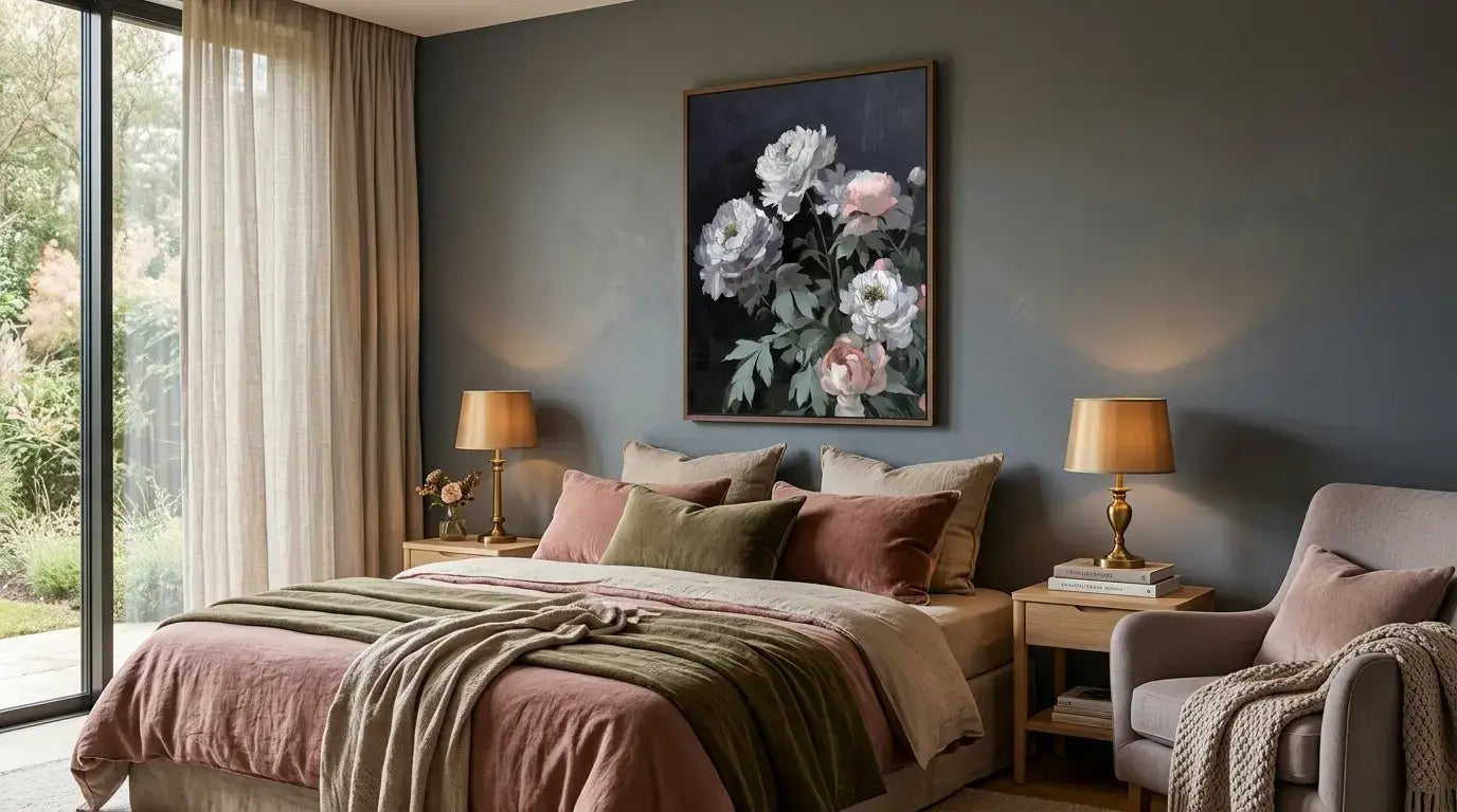 Cozy bedroom with floral artwork on the wall, bed with pillows, and lamps.