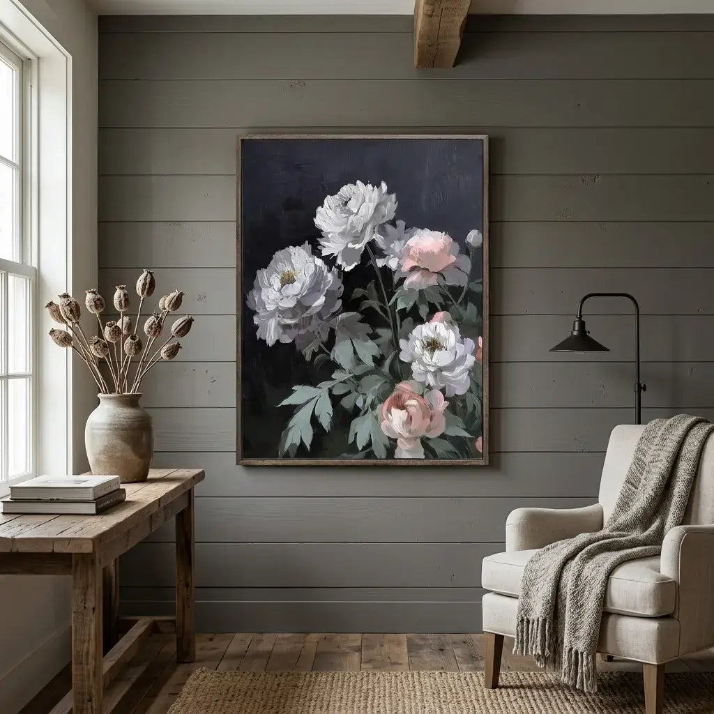 Living room with floral artwork on the wall, wooden table, and armchair.