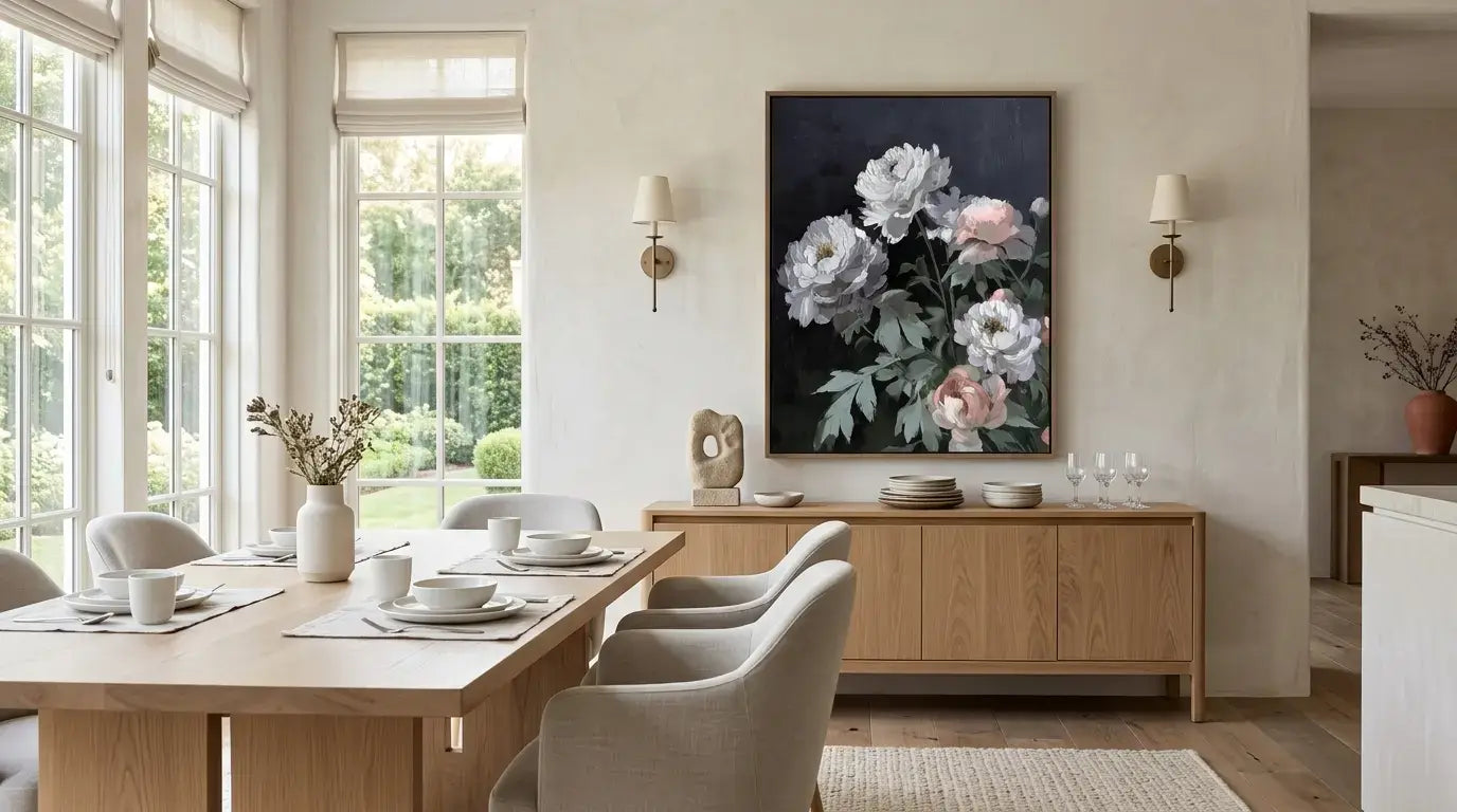 Modern dining room with wooden table, chairs, and floral artwork on the wall.