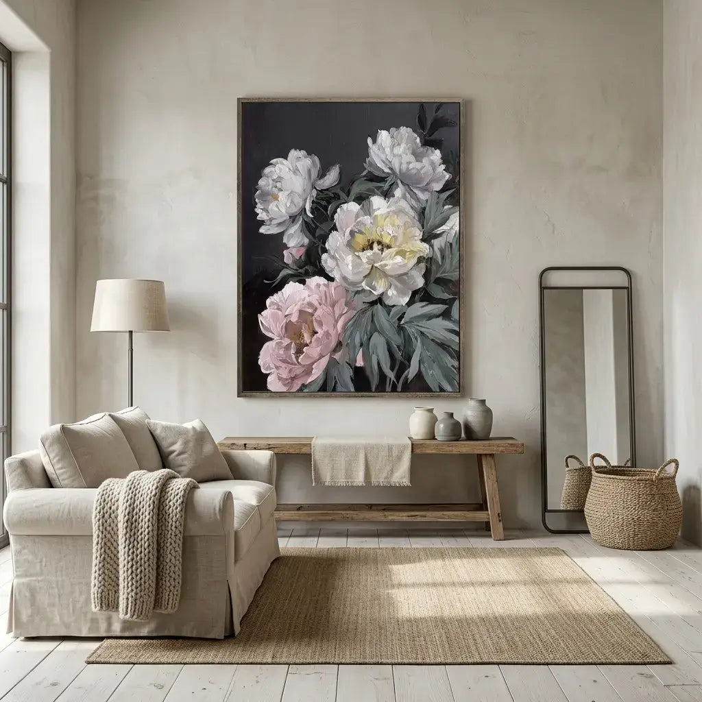 Living room with a floral painting on the wall, beige sofa, and wooden coffee table.