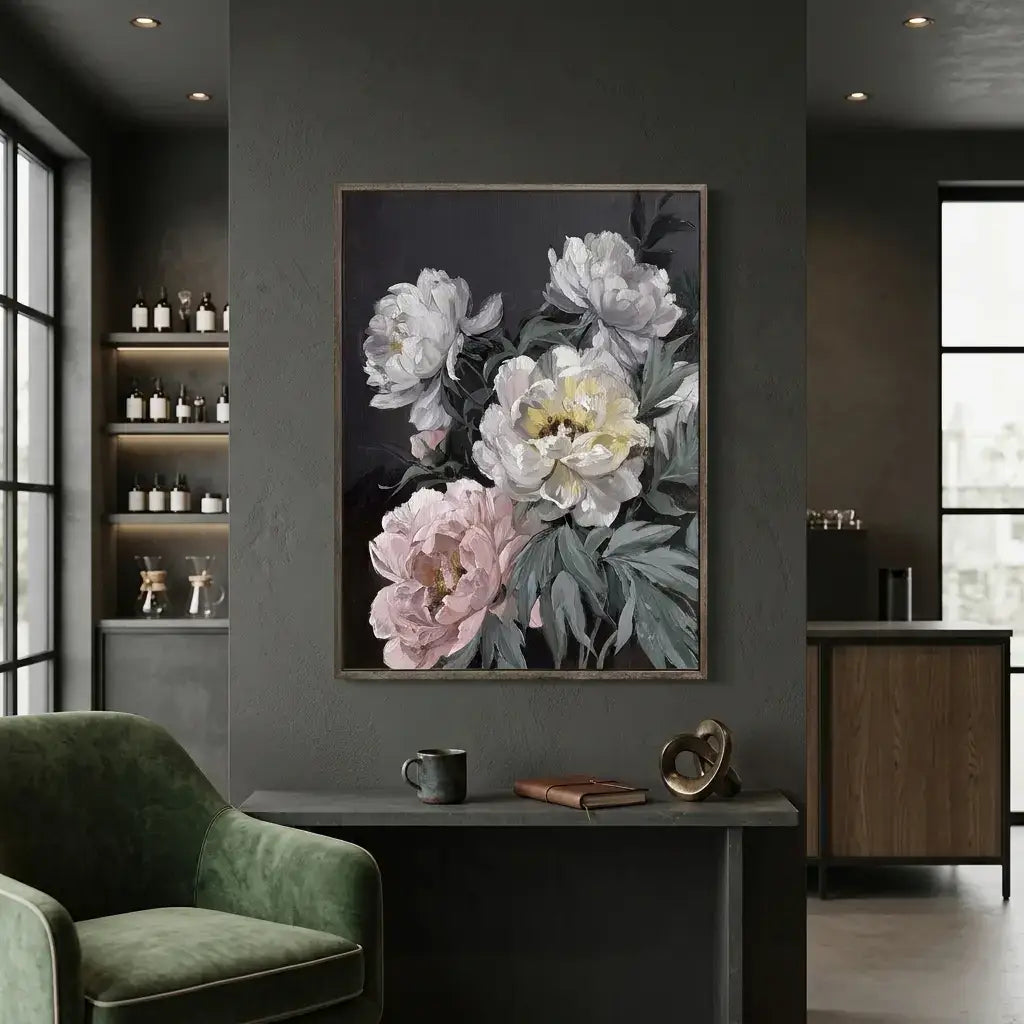 Floral painting on a wall in a modern living room