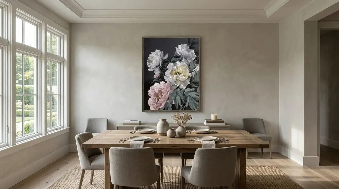 Dining room with a large floral painting on the wall, wooden table, and chairs.