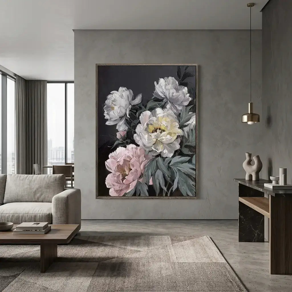 Living room with a large floral painting on the wall
