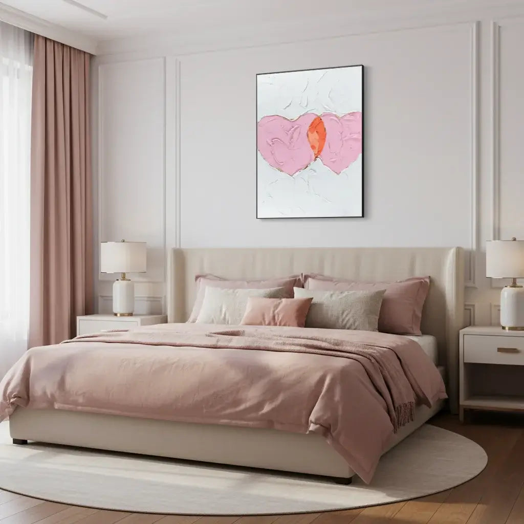 Modern bedroom with pink bedding, artwork on the wall, and side tables.