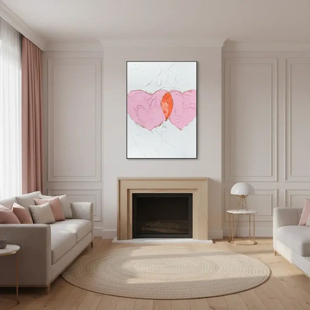 Modern living room with a heart-shaped artwork on the wall above a fireplace.