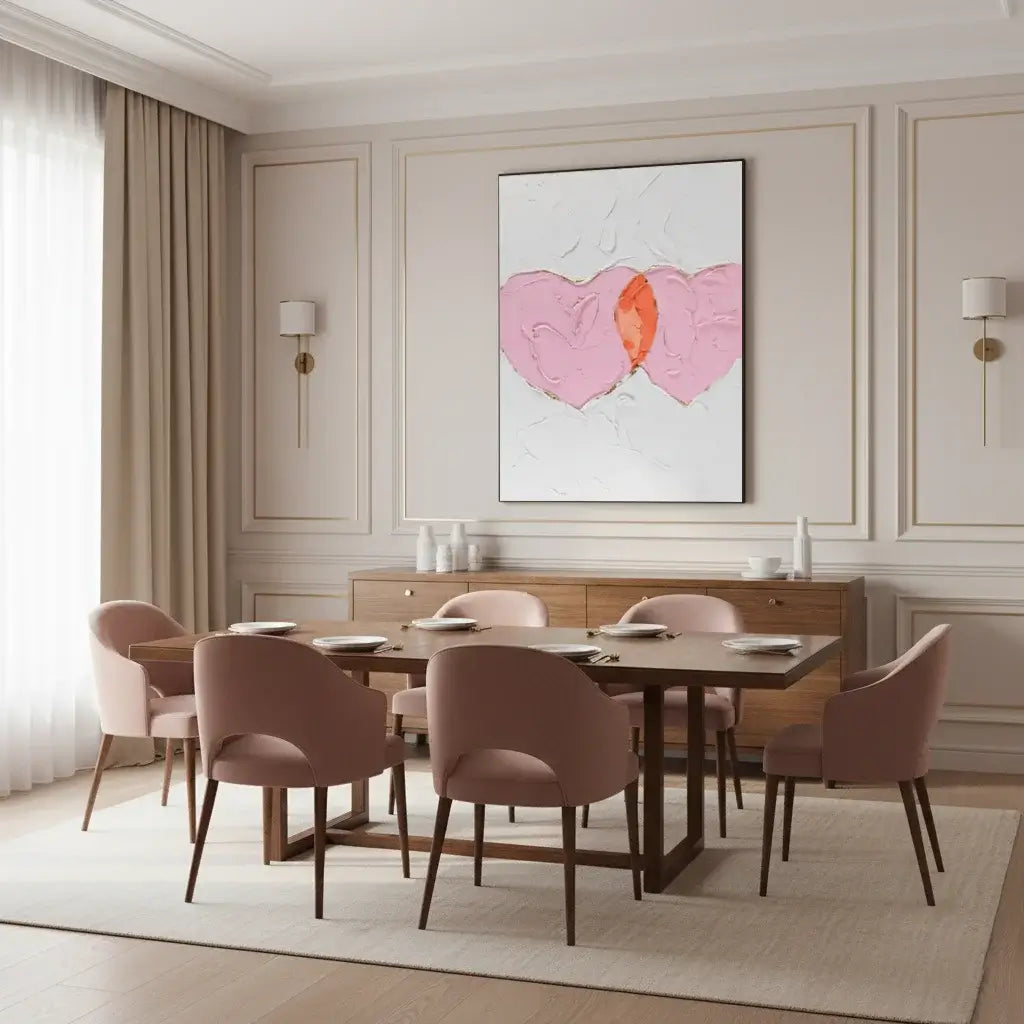 Dining room with a wooden table and pink chairs, featuring a heart-shaped artwork on the wall.