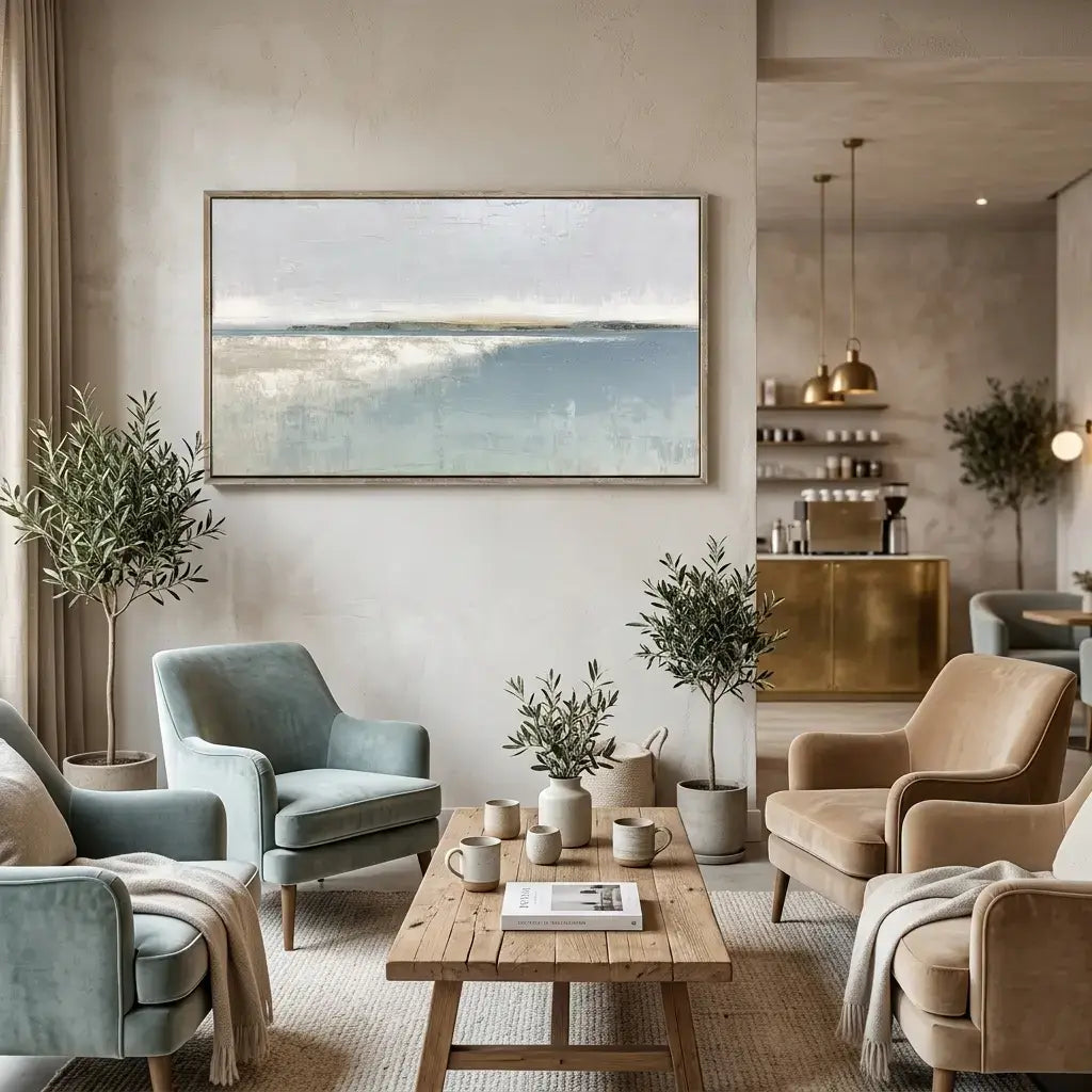 Modern living room with neutral furniture and decor