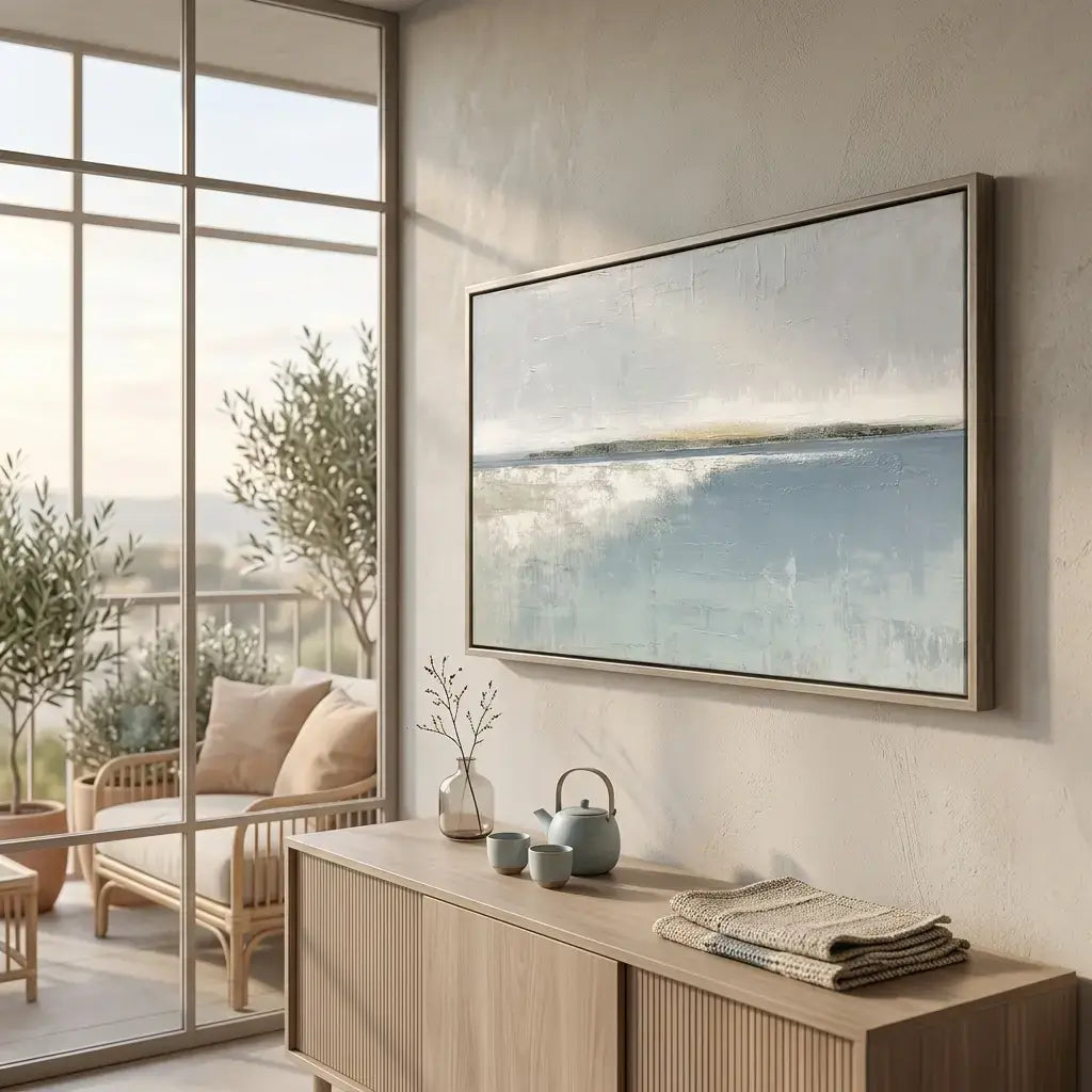 Modern living room with a large abstract painting on the wall, a wooden sideboard, and a view of greenery outside.