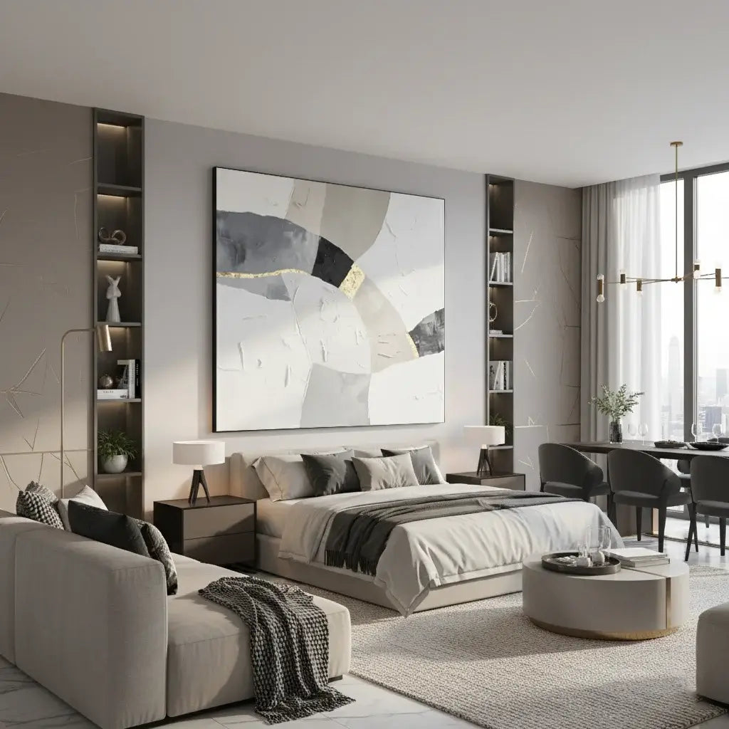 Modern bedroom with gray bedding, abstract art, and a city view.