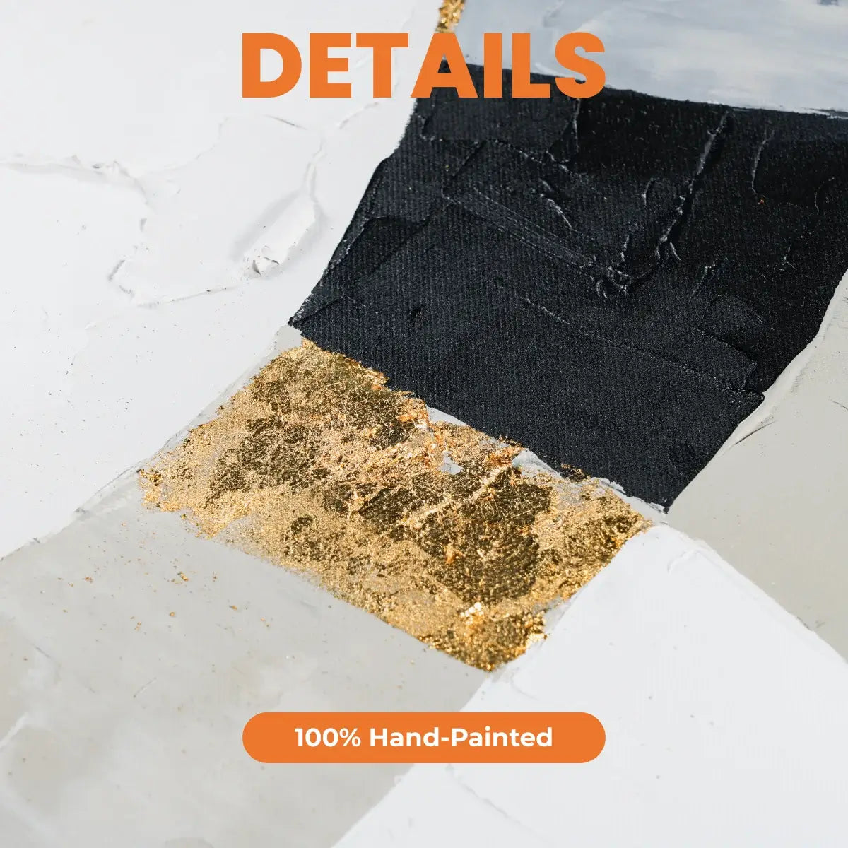 Close-up of a black and gold textured surface with '100% Hand-Painted' text.