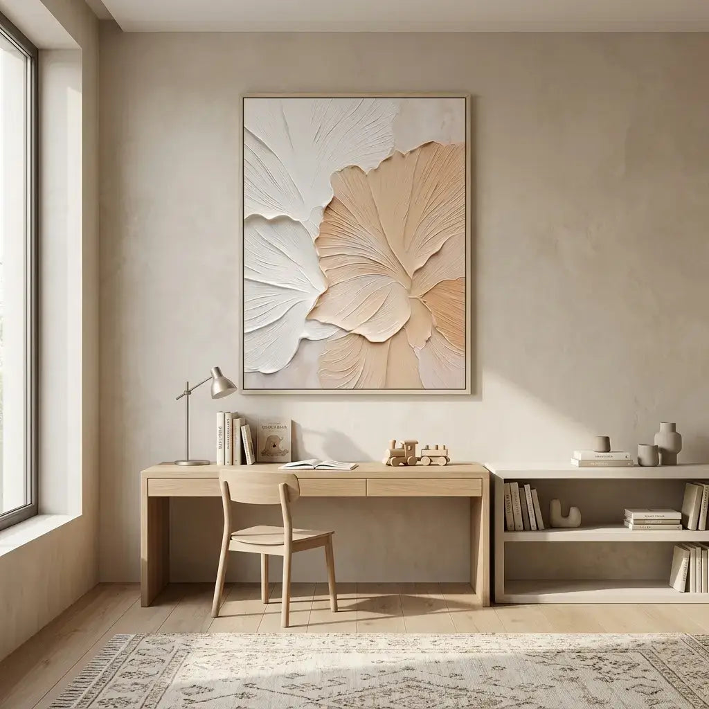 Modern home office with a desk, chair, and decorative wall art.