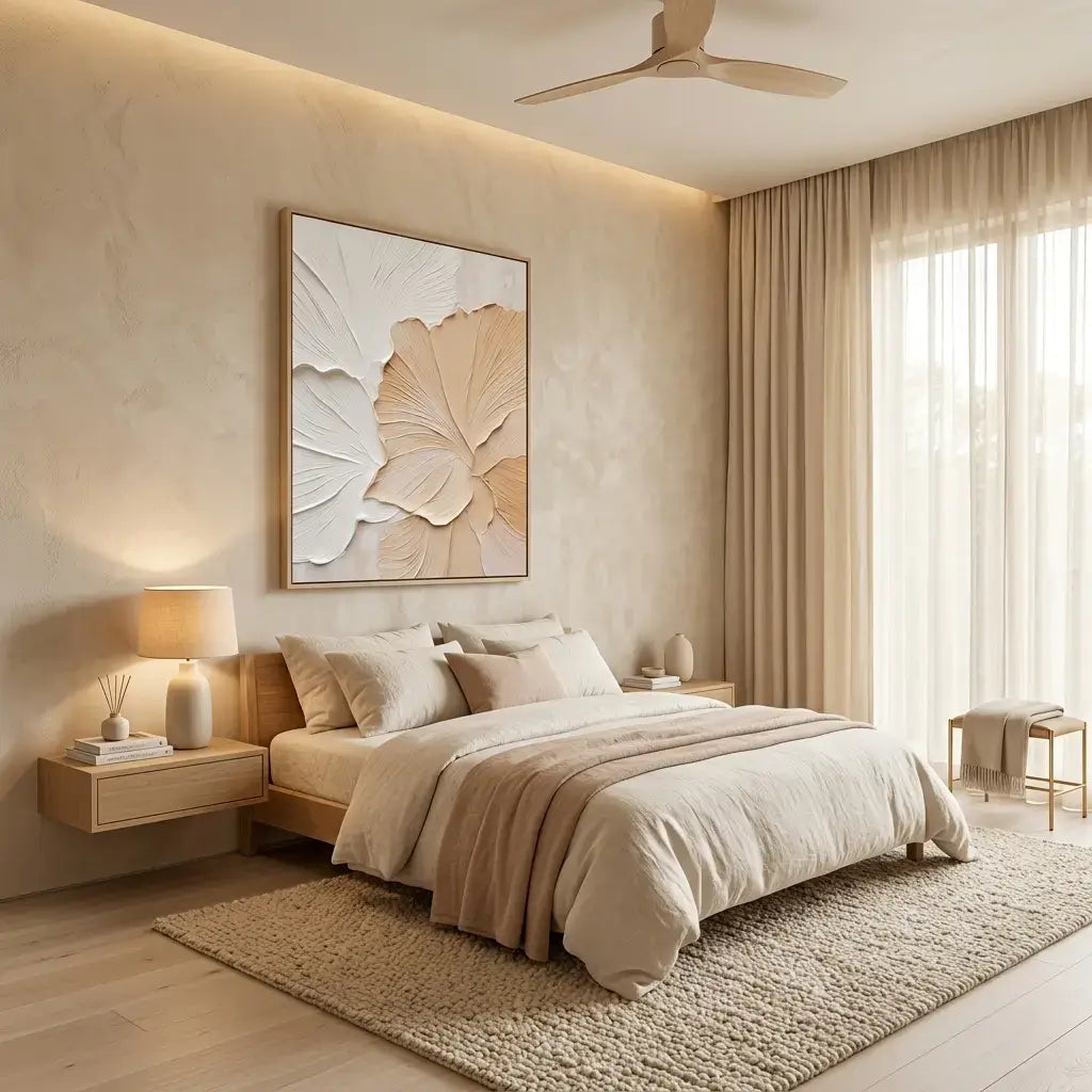 Modern bedroom with beige walls, bed, and decor elements.