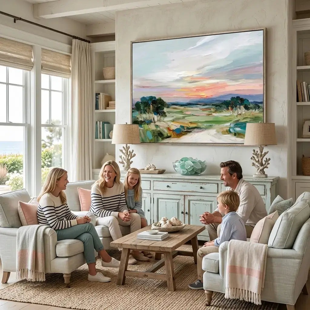 Family sitting in a cozy living room with a large landscape painting.