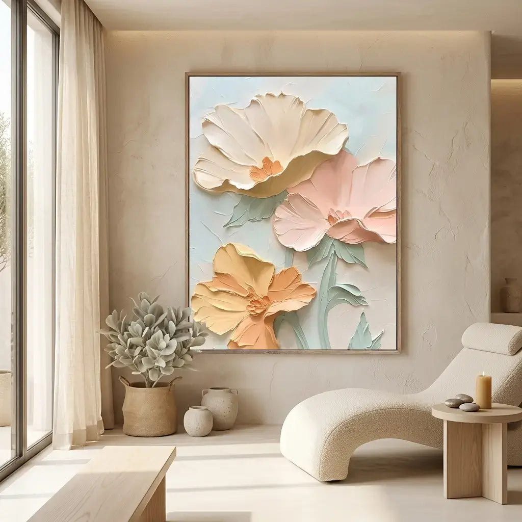 Decorative floral painting on a wall in a modern living room.