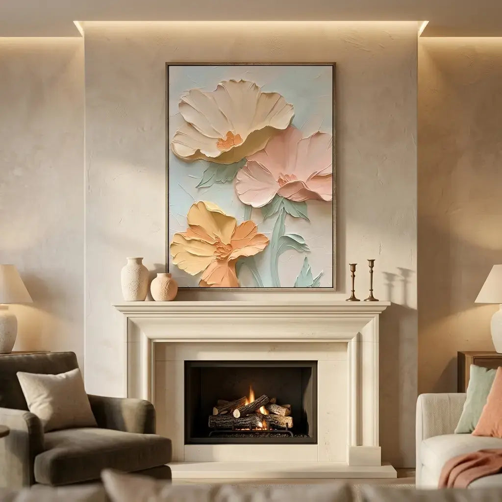 Living room with a fireplace, floral artwork, and comfortable furniture.