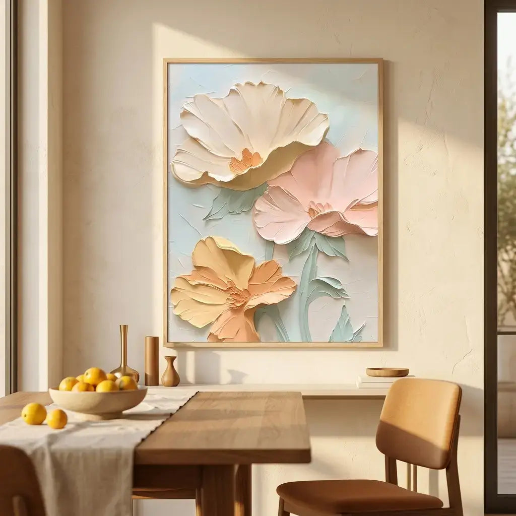 Floral artwork on a wall above a dining table with fruit and vases.