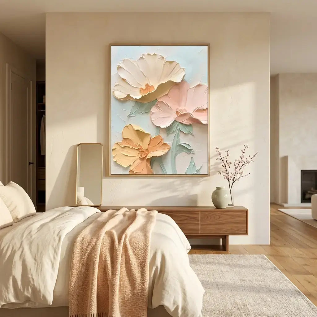 Decorative floral painting on a wall above a bed in a bedroom.