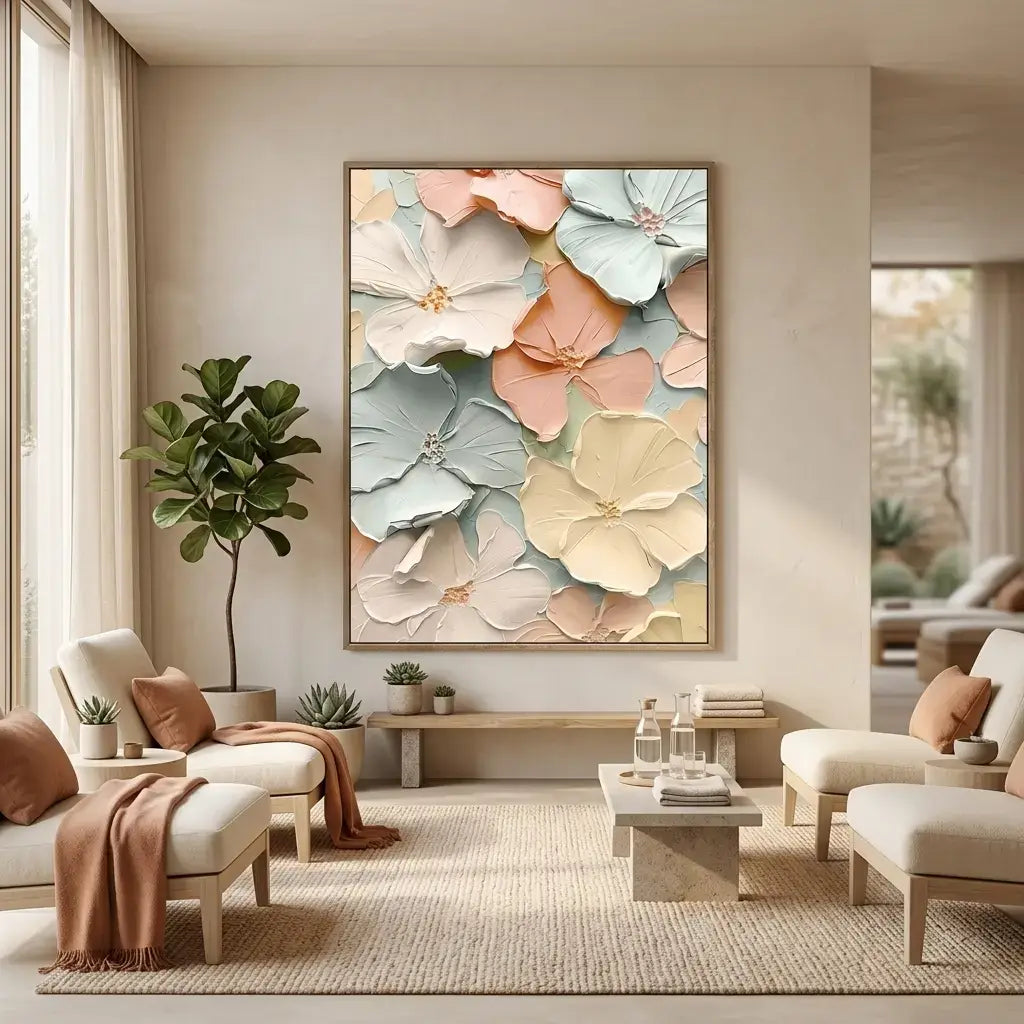Living room with floral artwork on the wall, comfortable seating, and decorative elements.