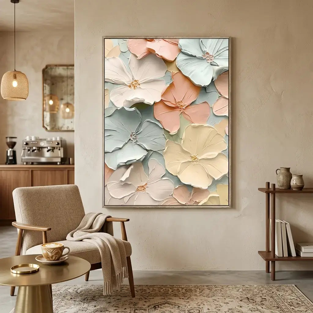 Floral artwork in a living room with a chair and coffee table.