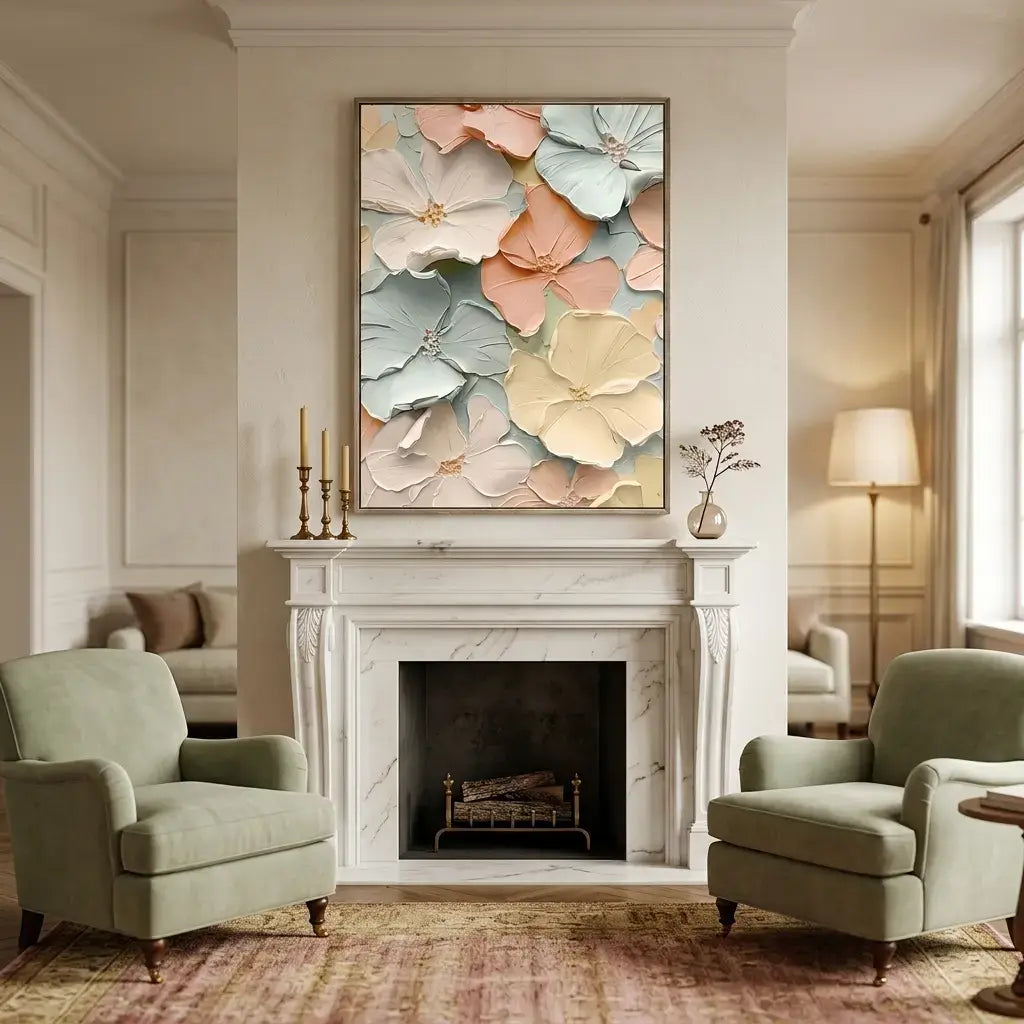Living room with floral artwork above a fireplace, green armchairs, and a lamp.