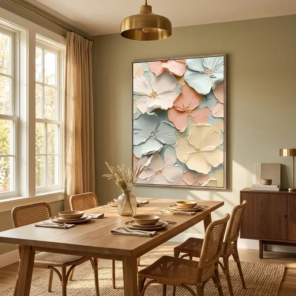 Dining room with a wooden table set for dinner, floral artwork on the wall, and a lamp.