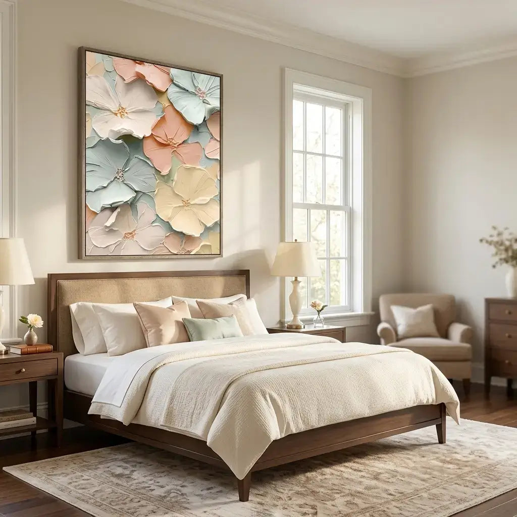 Neatly made bed in a bedroom with floral artwork on the wall.