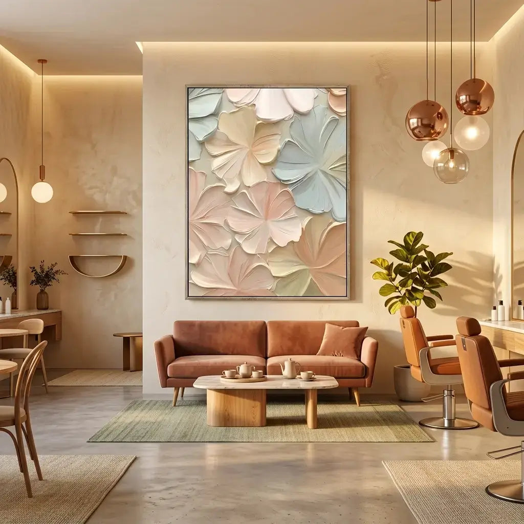 Modern living room with a brown sofa, coffee table, and decorative wall art.