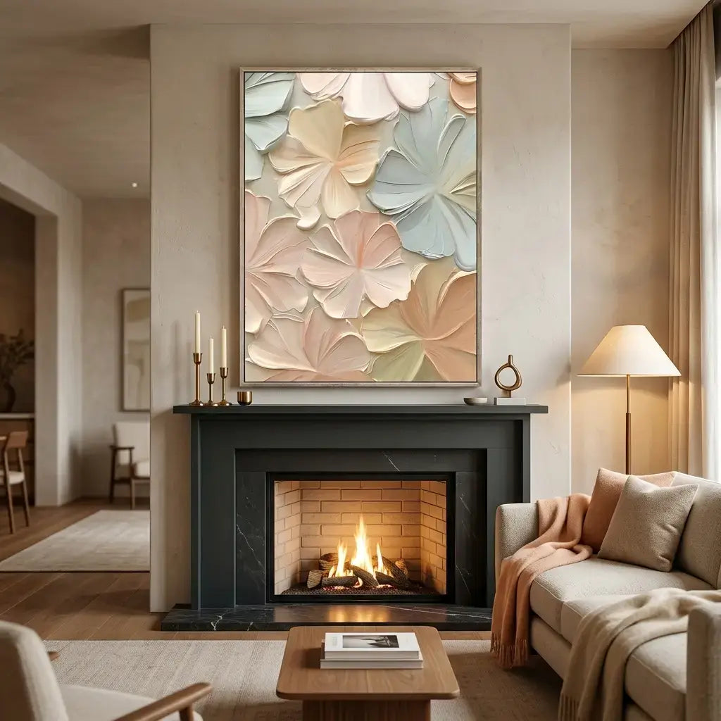 Living room with a fireplace, abstract floral artwork, and cozy decor.