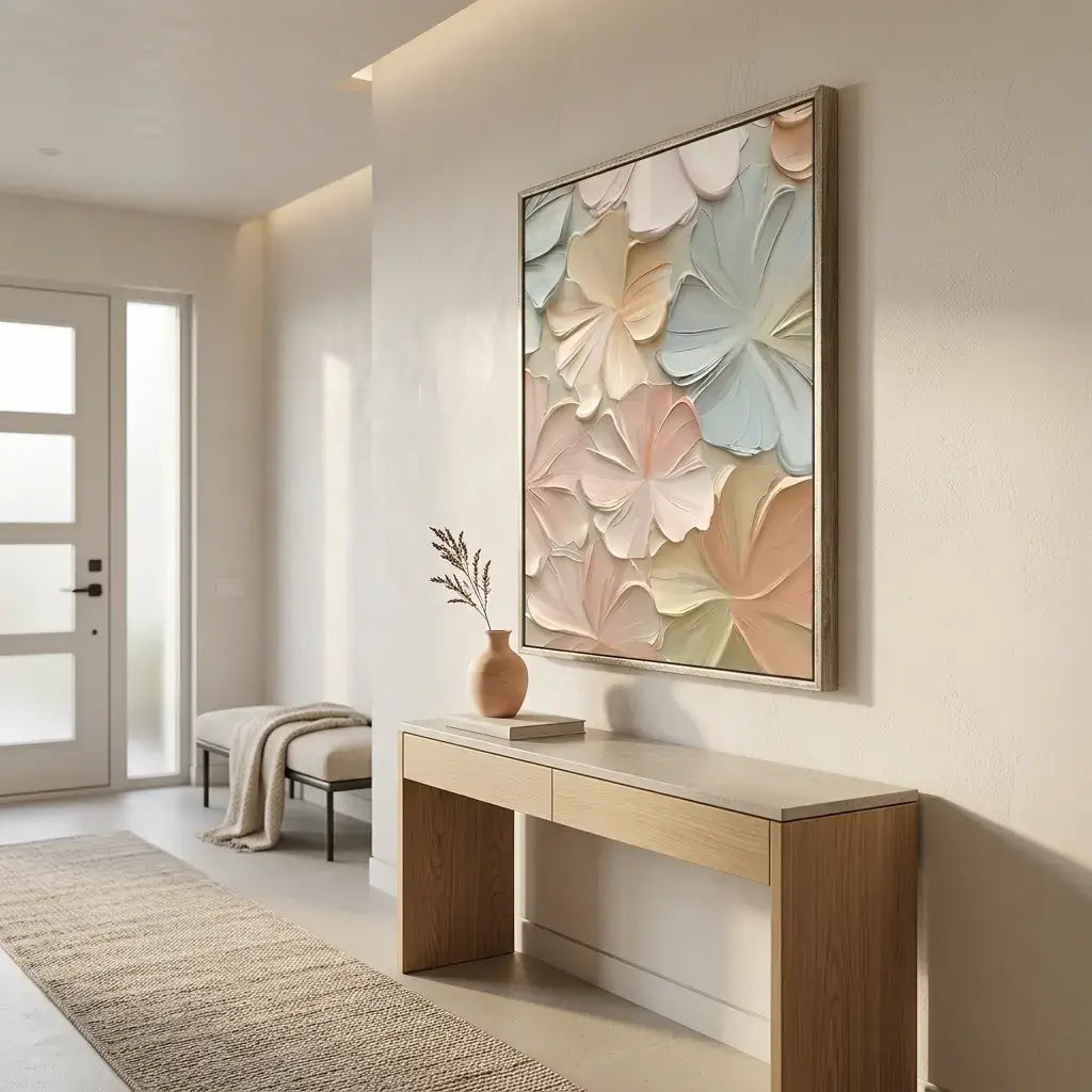 Modern interior with a wooden console table, floral artwork, and a chair.