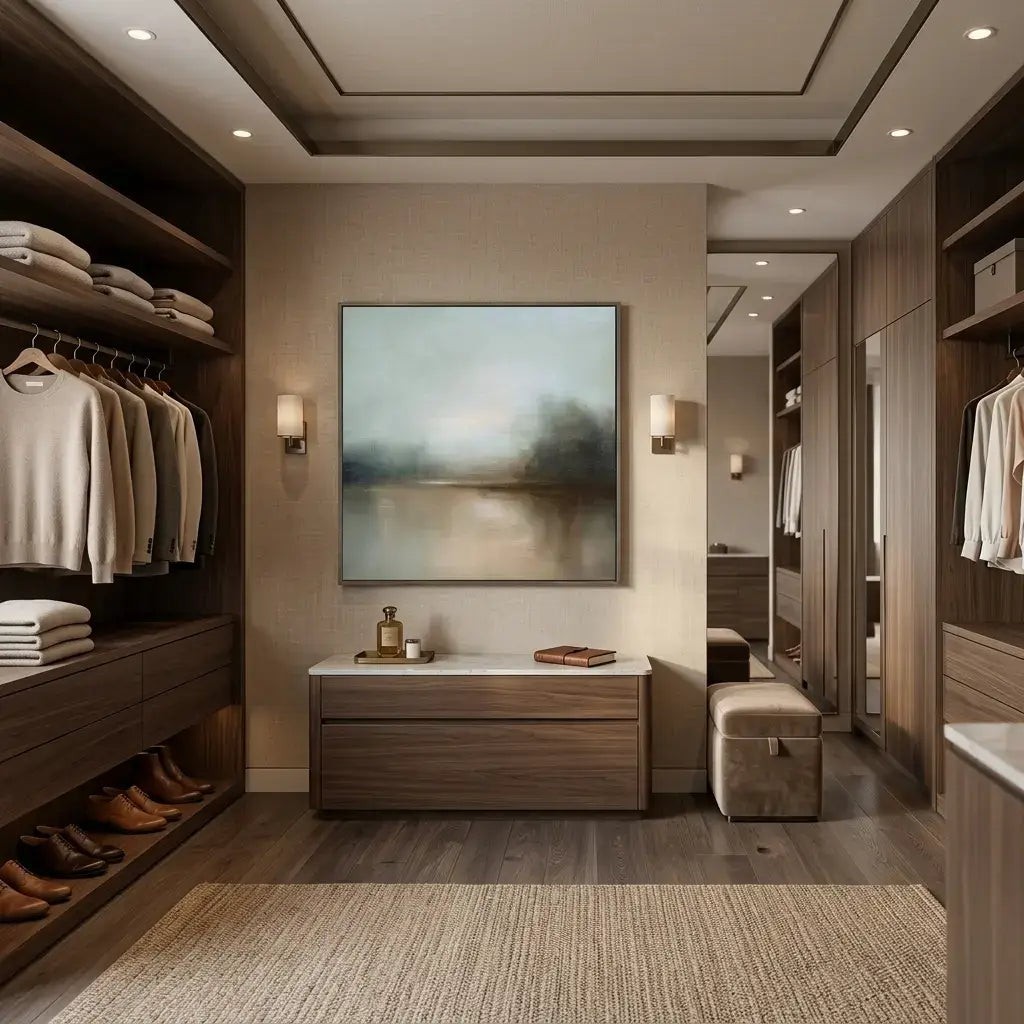Modern walk-in closet with wooden shelves, clothing, and a painting on the wall.