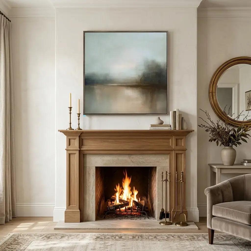 Living room with a fireplace, painting, and decorative items.